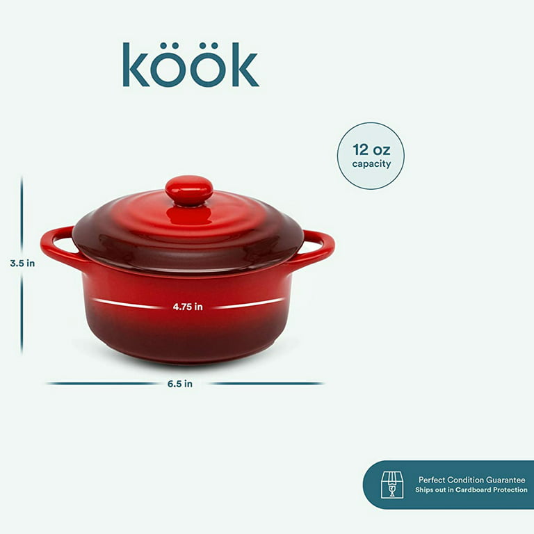 Kook 4-Pc Mini Cocotte Casserole Dish with Lid Stoneware Kitchen Set,  Crimson Red 
