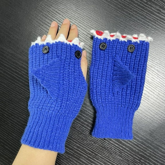 CUZIBR Womens Mittens Adorable Cartoon Thermal Half Finger Knitted Mittens Animal Shark Pattern Fingerless Gloves For Cold Weather
