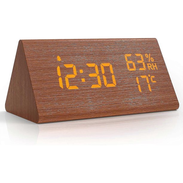 Wooden Digital Alarm Clock, Digital Clock with Snooze/Date/Temperature and Humidity- Brown