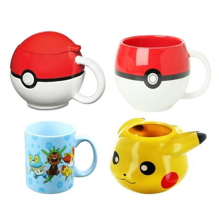 Lot de 4 mugs en céramique Pokemon : Pokeballs moulés, Pikachu, XY