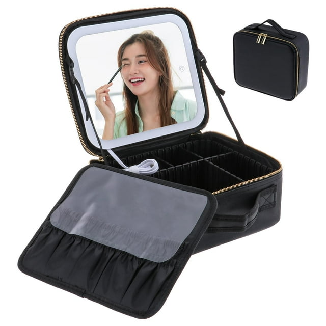 Organizador de bolsas de maquillaje Salvador Estuche de tren de maquillaje con espejo iluminado a prueba de agua Multifuncional Particionado Robusto a prueba de golpes 3 Negro