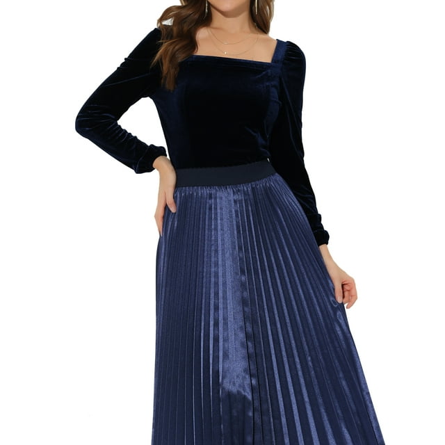 INSPIRE CHIC Women's Velvet Square Neck Long Sleeve Blouses L Deep Blue