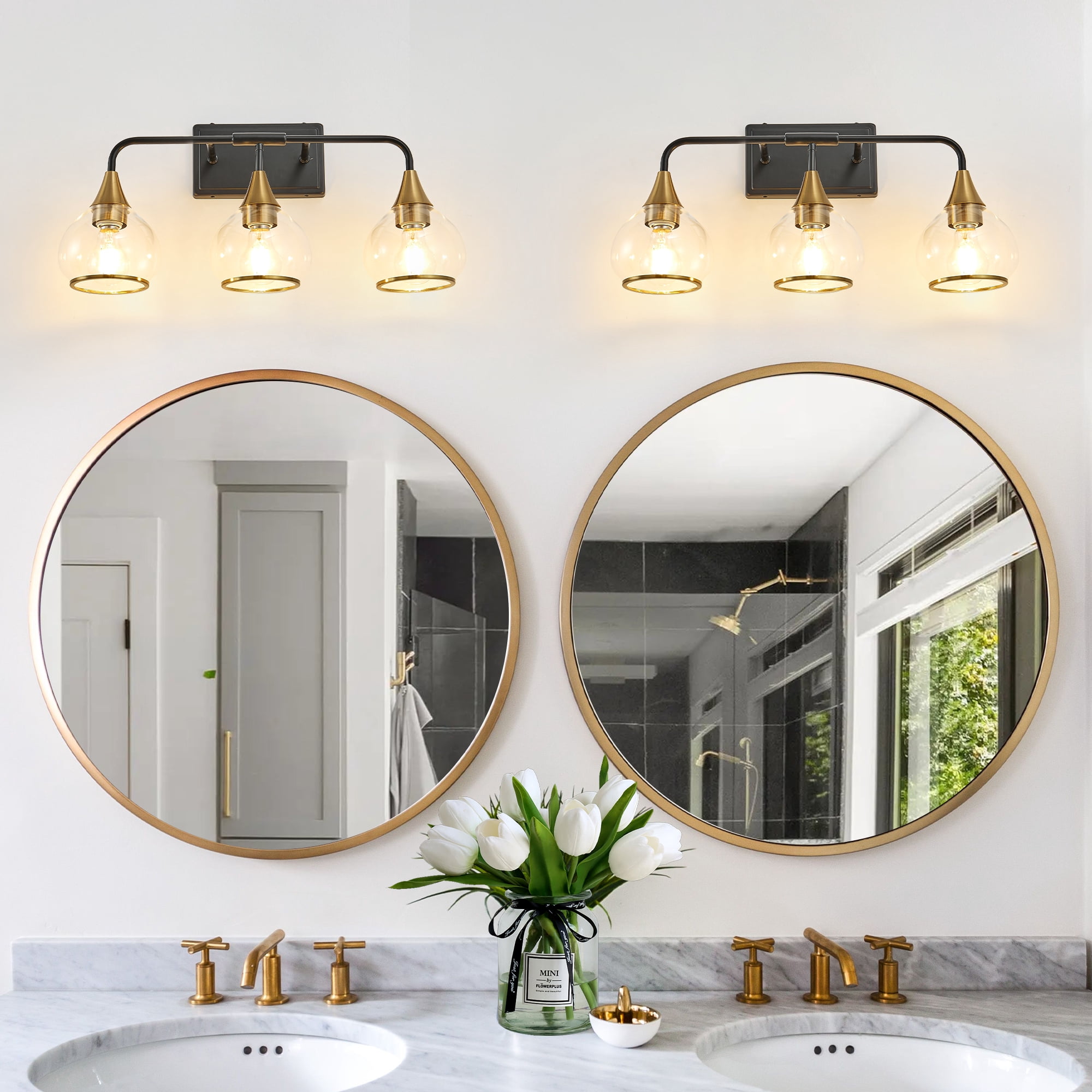 Art Deco 3-Light Vanity Light Fixture,  Bathroom Wall Sconce with Clear Glass Shades, Black and Gold, 23 Inch Modern