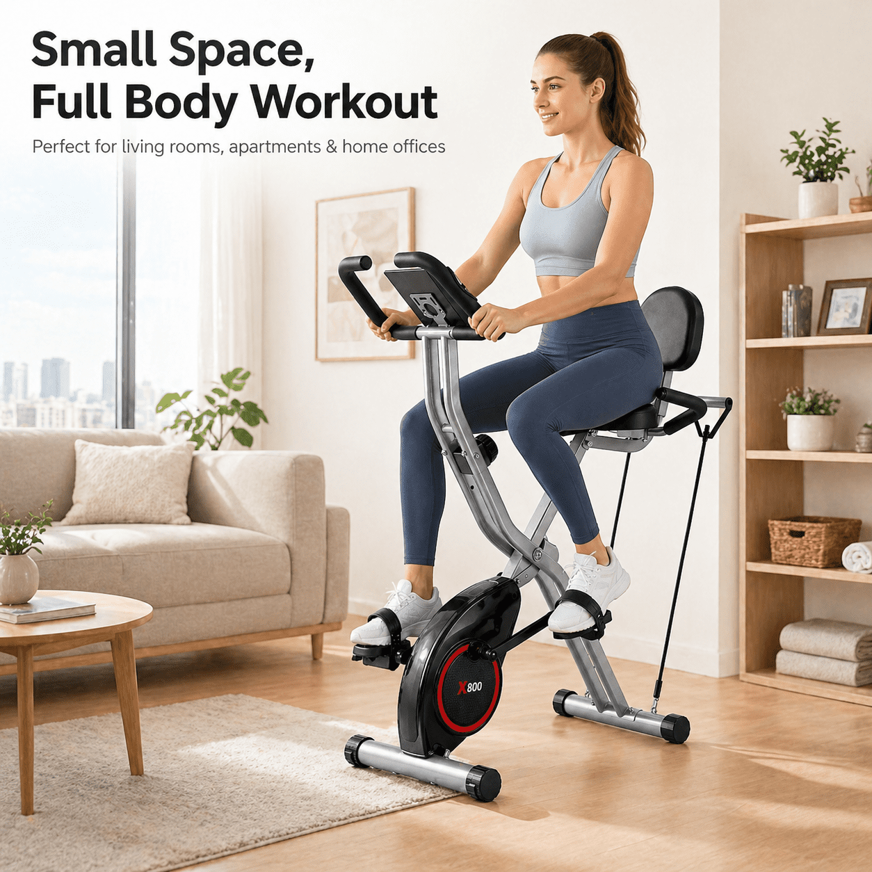 USLIM 5‑in‑1 Foldable Exercise Bike for Home, 16‑Level Magnetic Resistance Stationary Bike with Arm Bands, Backrest, LCD Monitor, 300 lb Capacity