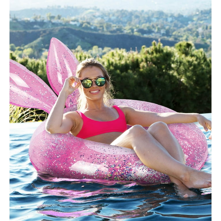 Poza Inflatable Bunny Pool Float Tube - Luxurious Fun Lounger Filled with Sparkle Silver Confetti, Cool Design Bunny Ears Water