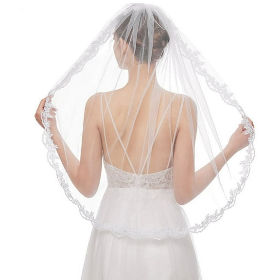 Wedding Bridal Veil with Comb Illusion Tulle Lace Appliques Veils Hair Accessories for Bride 1 Tier Fingertip Length