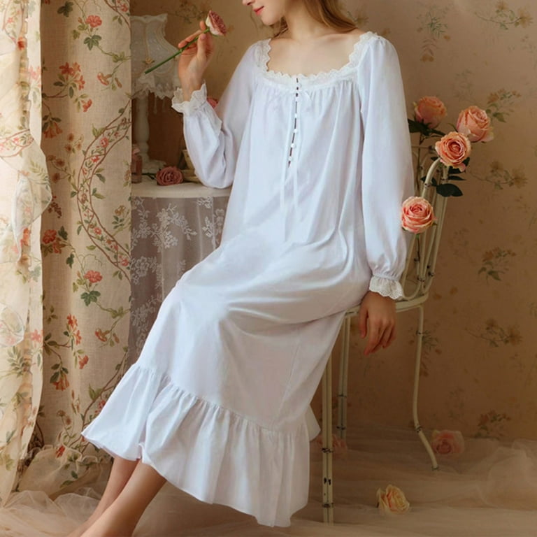 Vintage Style Sleeping Dress For Women Long Sleeve Nightgown For Spring And  Autumn White L - Walmart.com