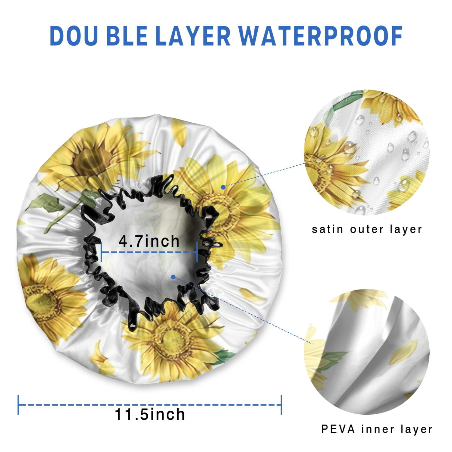 Shower Caps,White Sunflower Petal Pattern Waterproof Shower Cap for Women 4 Pieces,Double Reusable Hair Cover for Shower PEVA Elastic Stretch Hem