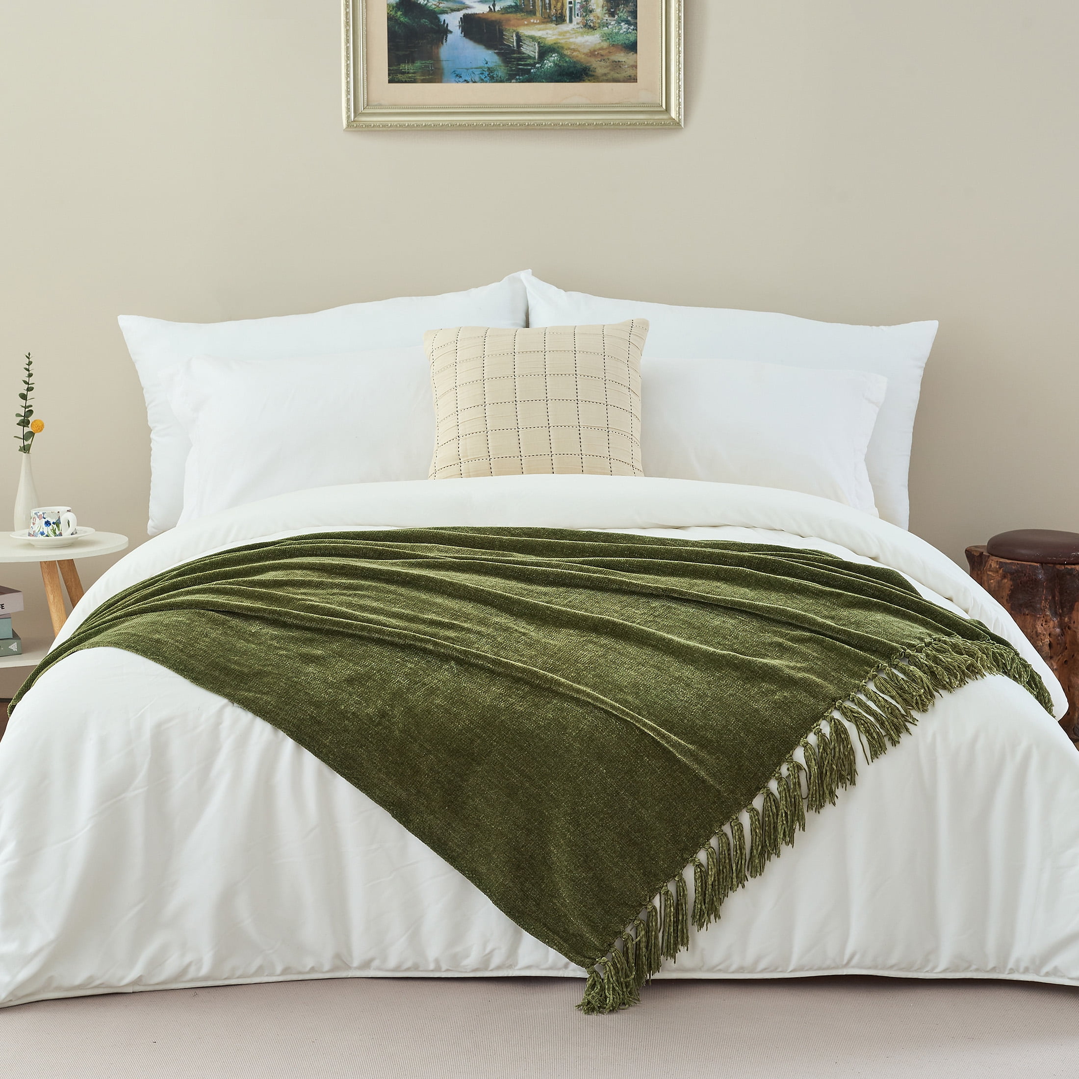 LONG CREATE Chenille Throw Blanket with Fringe Tassel for Couch Sofa Chair Bed, Olive Green 50" x 60"