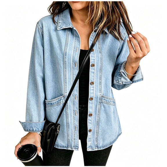 Vynhevius Women's Solid Denim Jacket Long Sleeve Loose Outerwear With Buttons And Pockets