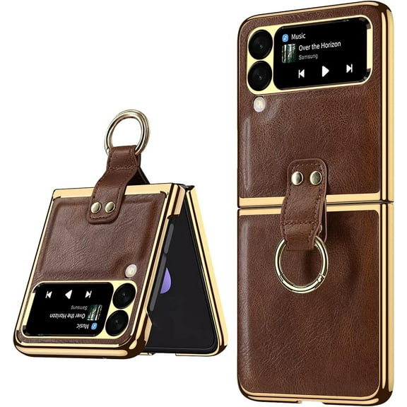 case for Galaxy Z Flip 3 Case with Ring Electroplated PU Leather Cover, Business Style Galaxy Flip 3 Phone Case Compatible with Galaxy Z Flip 3 5G, Coffee