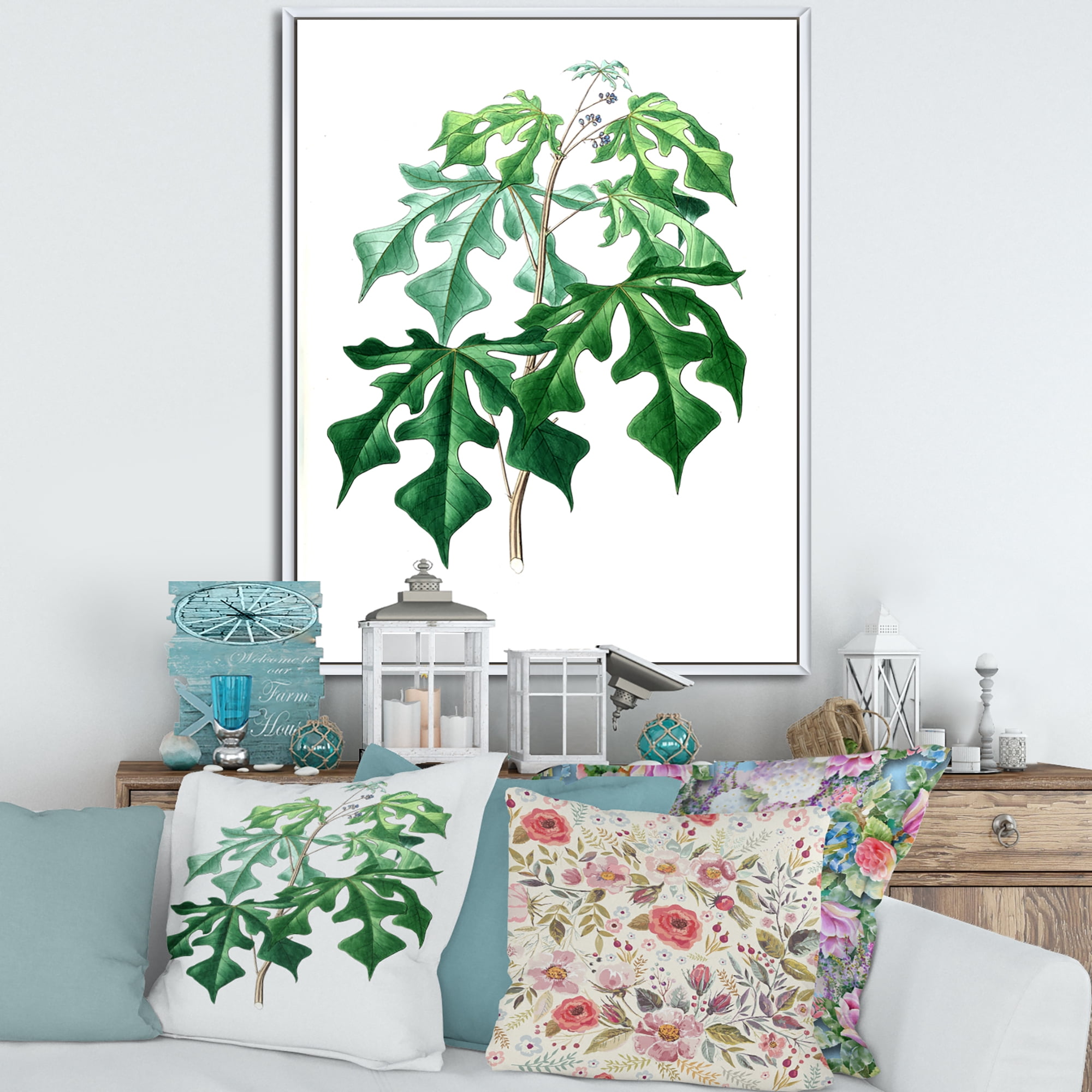 Designart 'Ancient Green Leaves Plants II' Traditional Framed Canvas Wall Art Print