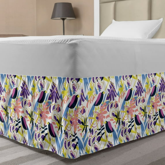 Floral Bed Skirt, Tropical Botany Leaves Flowers Scandinavian Pattern, Elastic Bedskirt Dust Ruffle Wrap Around for Bedding Decor, 4 Sizes, Multicolor, by Ambesonne