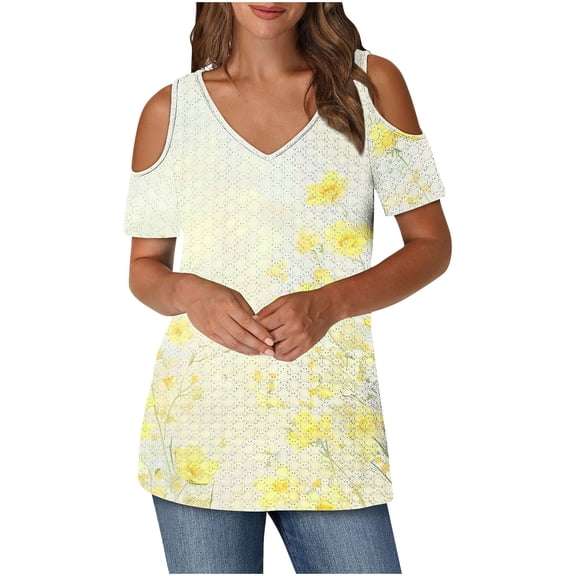 Cold Shoulder Tunic Tops for Women Graphic Prints V Neck Short Sleeve T-Shirts Loose Fit Summer Casual Blouses (XL, Yellow)