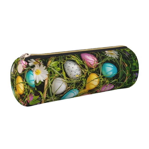 Easygdp colorful Easter eggs para Estuche de Lápices Cilíndrico de Cuero con Cremallera, Organizador de Lápices de Cuero para Escuela, Oficina y Viajes