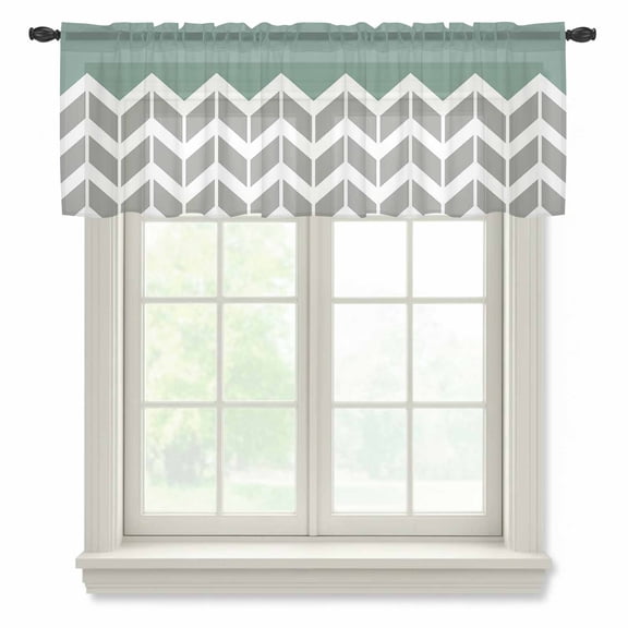 Green Grey Sheer Valances for Windows Herringbone Abstract Semi Sheer Kitchen Valance Rod Pocket Small Window Voile Curtains for Living Room Bedroom Laundry 54 x 18 Inch