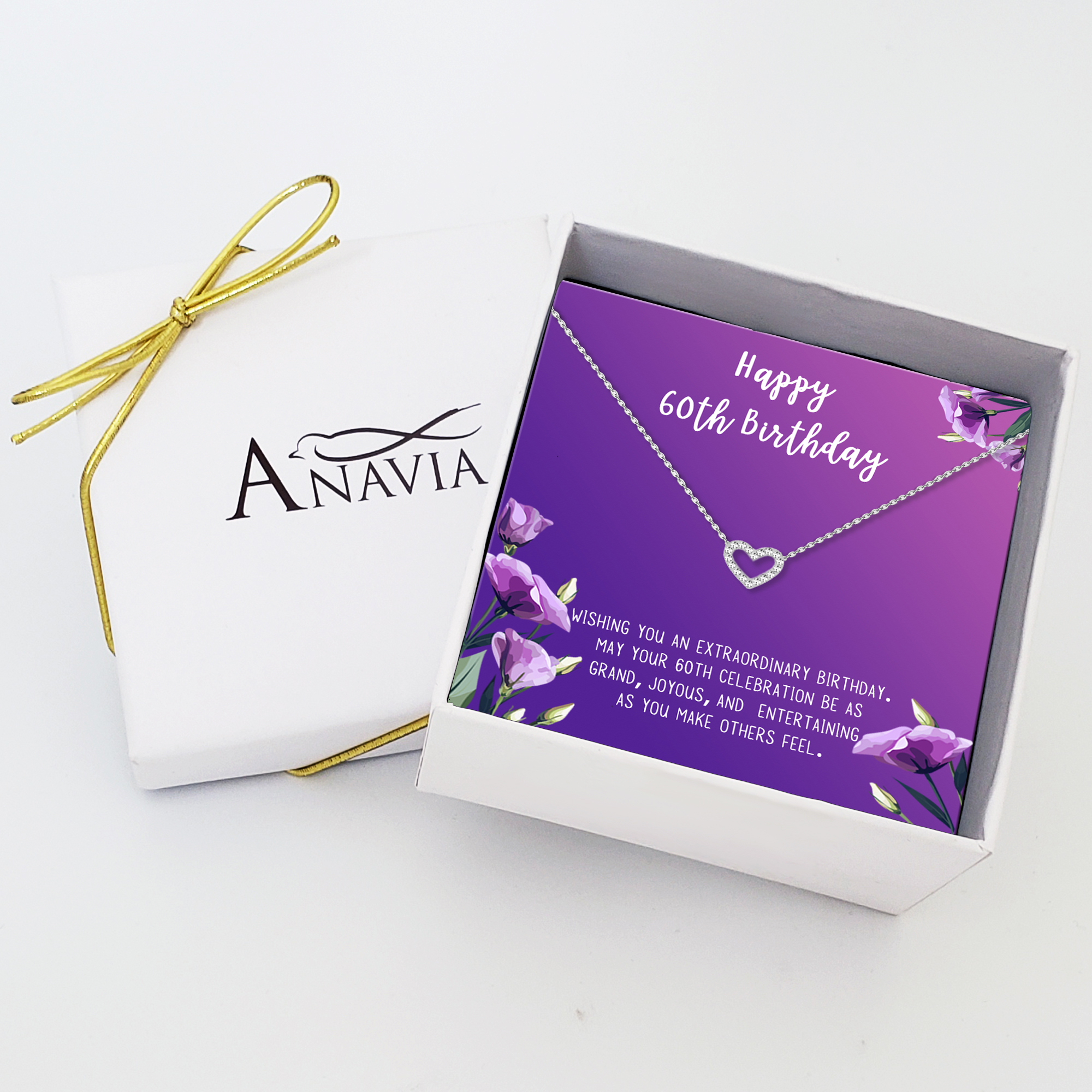 Anavia Happy 60st Birthday Gifts Stainless Steel Fashion Necklace Birthday Card Jewelry Gift for Her, Birthday Gift for Grandma-[Silver Mini Crystal Heart, Royal Purple Gift Card]
