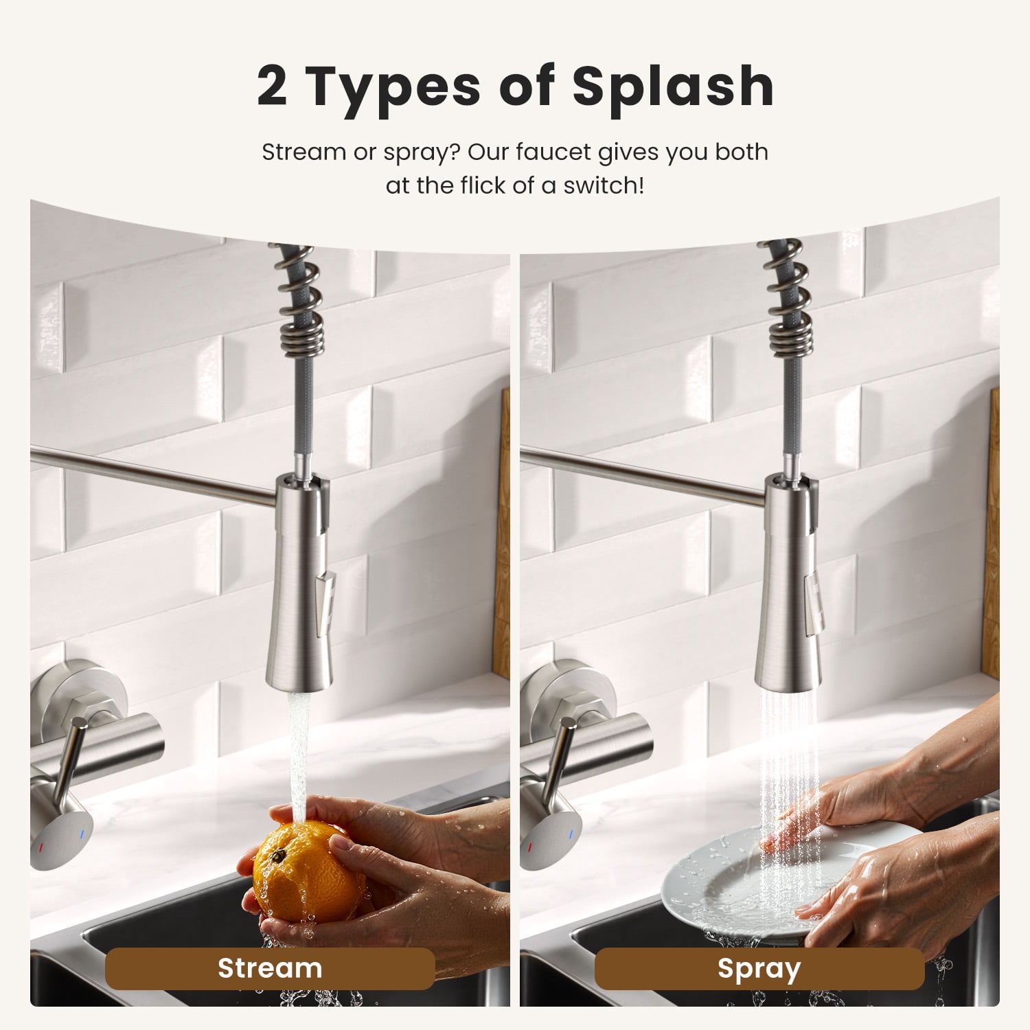Wall Mount Kitchen Faucet Single Handles, 8 Inch Center Wall Commercial Utility Sink Faucet with Pull Out Sprayer 2 Modes, Stainless Steel, Brushed Nickel