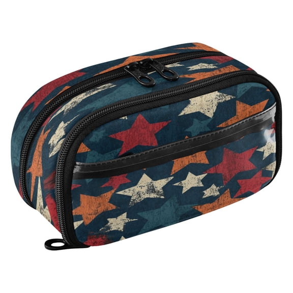 Large Pencil Pen Case Capacity PVC Pencil Pouch Makeup Bag for Women Man, Vintage Red StarPrinted