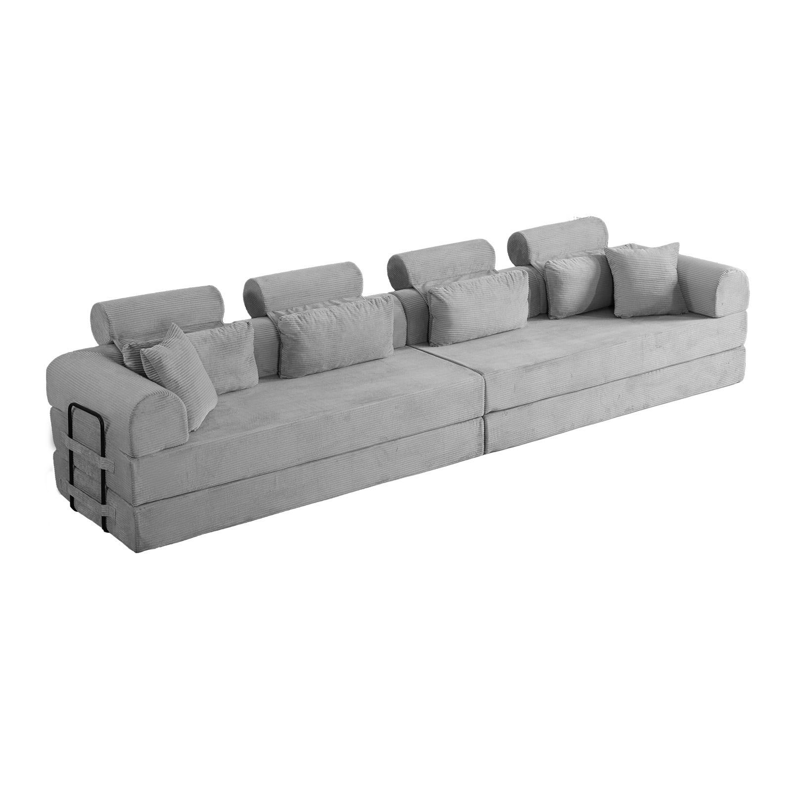 L-Shaped Sectional Sofa Converts to Bed, Corduroy Chaise Lounge with 28D High-Density Foam, No Assembly Compressed Couch for Apartments and Studios, Light Gray