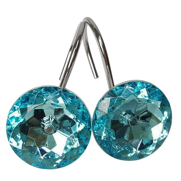 Set of 12 Rhinestone Decoration Stainless Steel Ring Shower Curtain Hook Multi Color Options Crystal Design Shower Curtain Hooks Hangers (Lake Green)