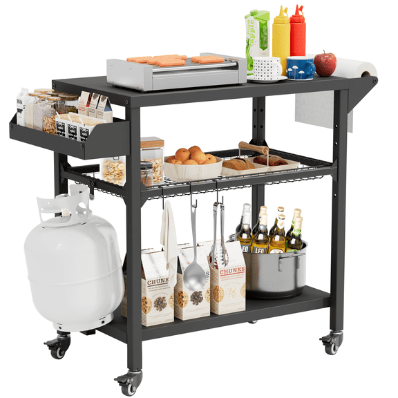 SOLAURA Outdoor Grill Table with Wheels, Movable Food Prep Table Stand, Dining Cart Table Fits Grill and Pizza Oven for Camping Parties and BBQs
