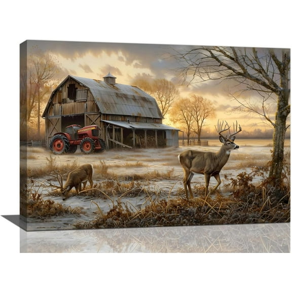 Farmhouse Wall Art Farm Deer Pictures Wall Decor Rustic Old Barn Canvas Prints Country Landscape Painting Framed Modern Home Artwork Decoration for Bedroom Kitchen Living Room