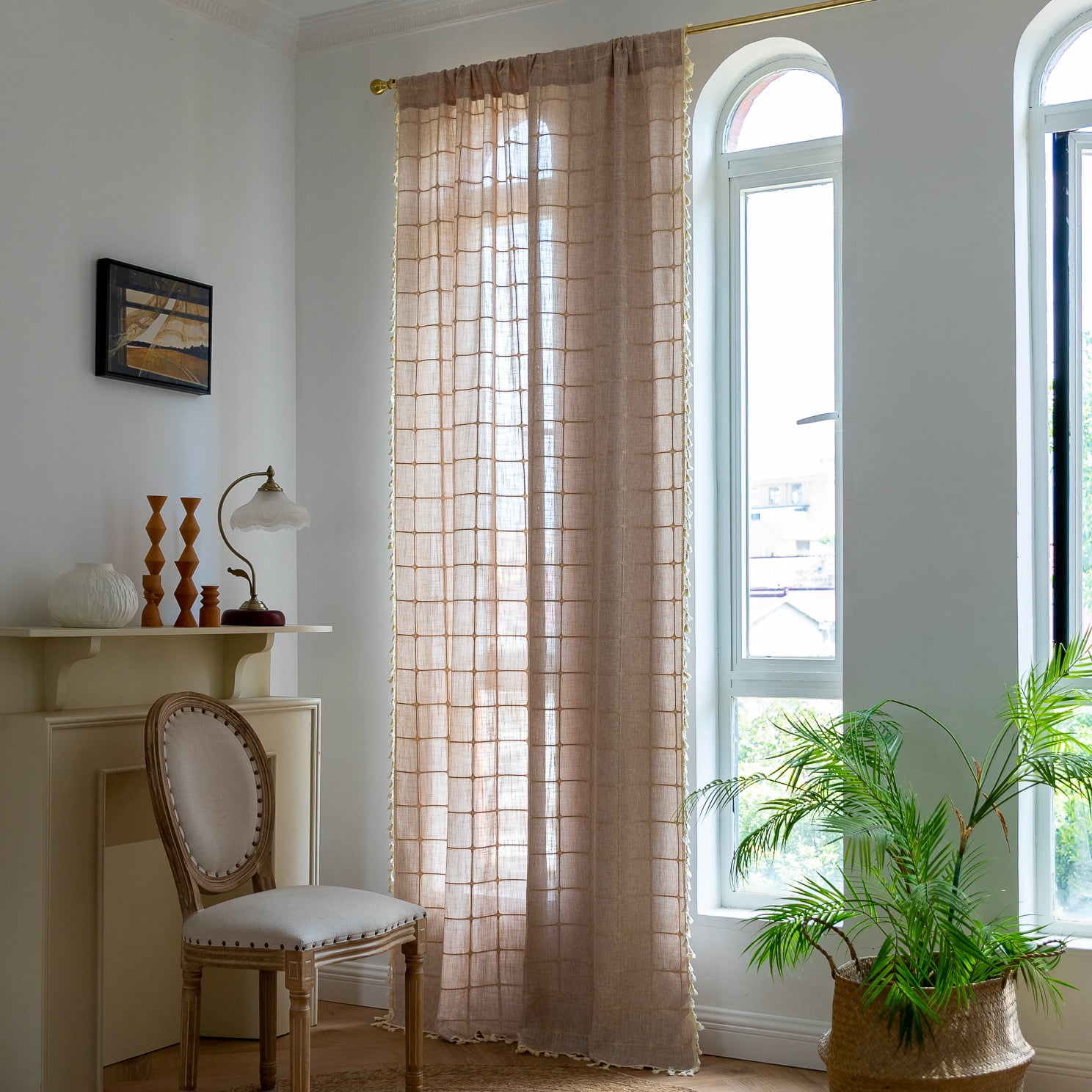 AIGIA Farmhouse Semi-Blackout Window Curtain 1 Panel Cotton Linen Curtains with Tassel Rod Pocket Window Drapes for Dining Living Bedroom