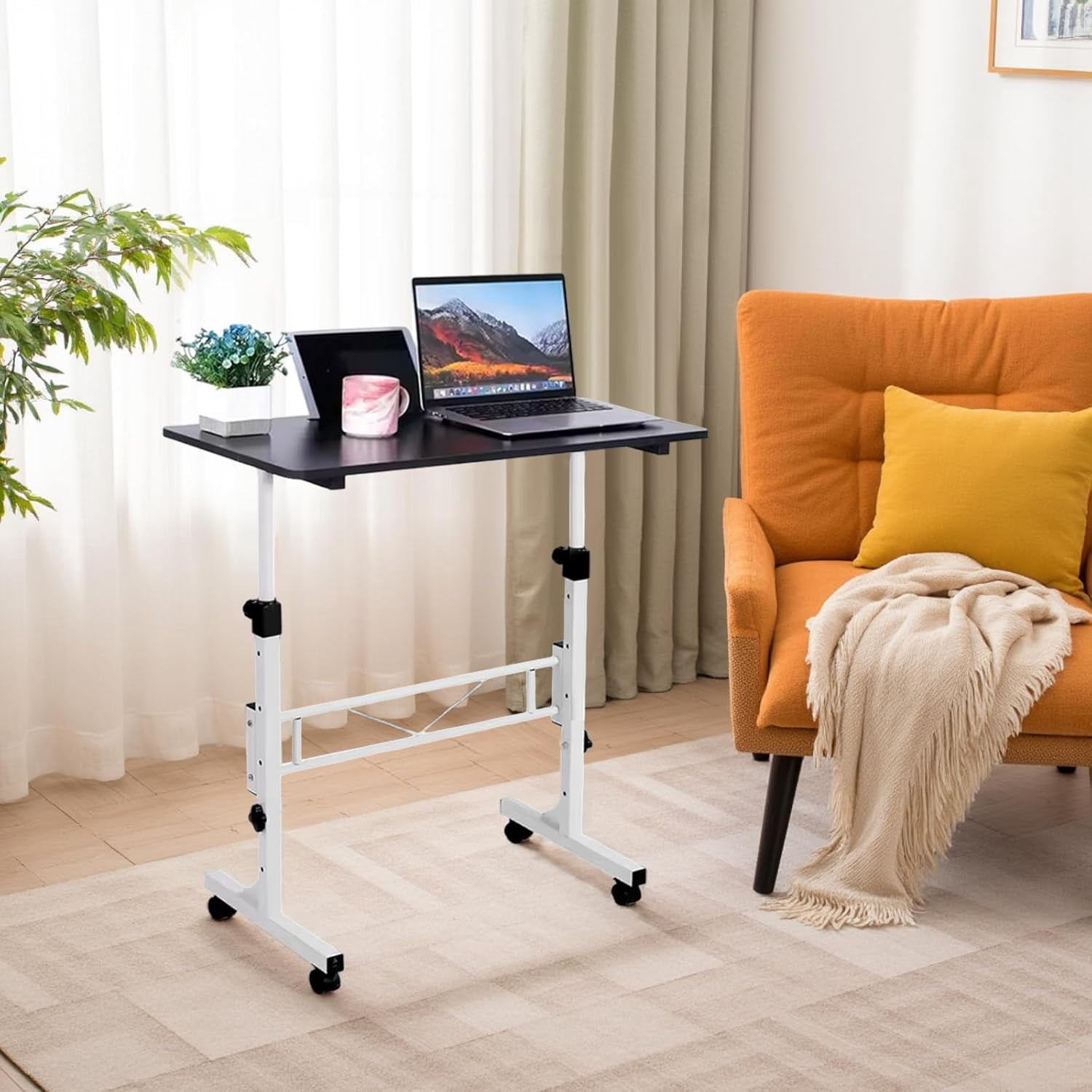 Moblie Standing Desk, Height Adjustable Sit Stand Table, Rolling Table Standing Desk Computer Workstations Pottable for Home Office, Black