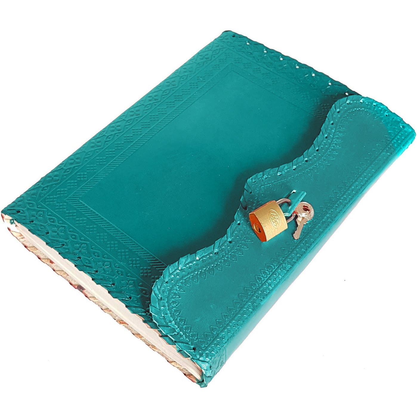 Jaald 10" Leather Journal Blank Notebook Handmade Travel Diary with Lock Writing Bullet Journal Christmas Gift Turquoise Sketchbook for Artists