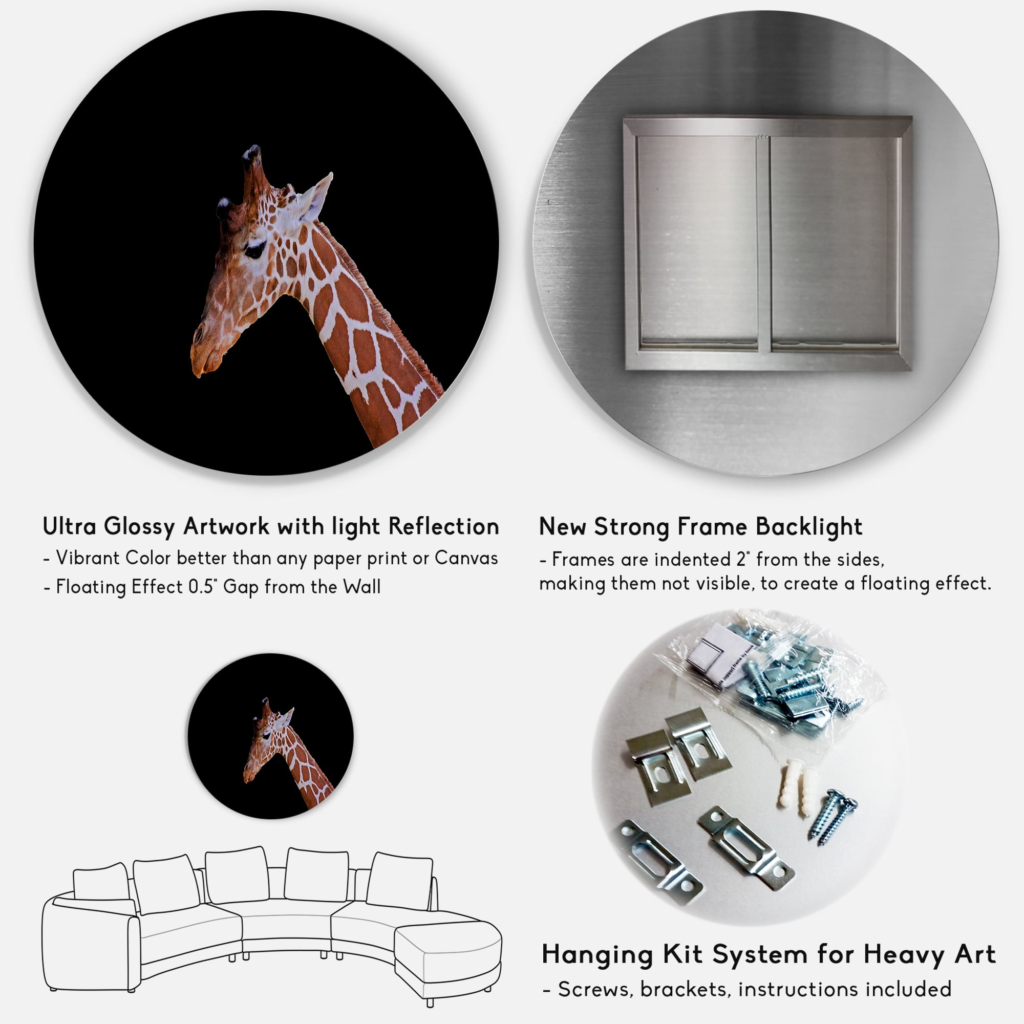 Designart 'Portrait of A Giraffe On Black Background I' Farmhouse Circle Metal Wall Art 29x29 - Disc of 29