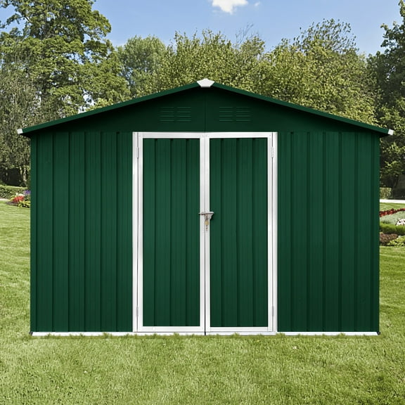 10ft x 8ft Outdoor Garden Metal Shed, Sturdiness Ventilate Waterproof Galvanized Steel Pad-lockable Multi-Functional Aluminum Storage Shed White Green