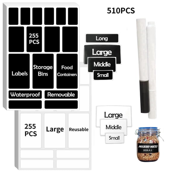 510 Sheets Removable Black & White Jar Labels, Waterproof Reusable Stickers for Food Storage, Office Organization, Name Tags