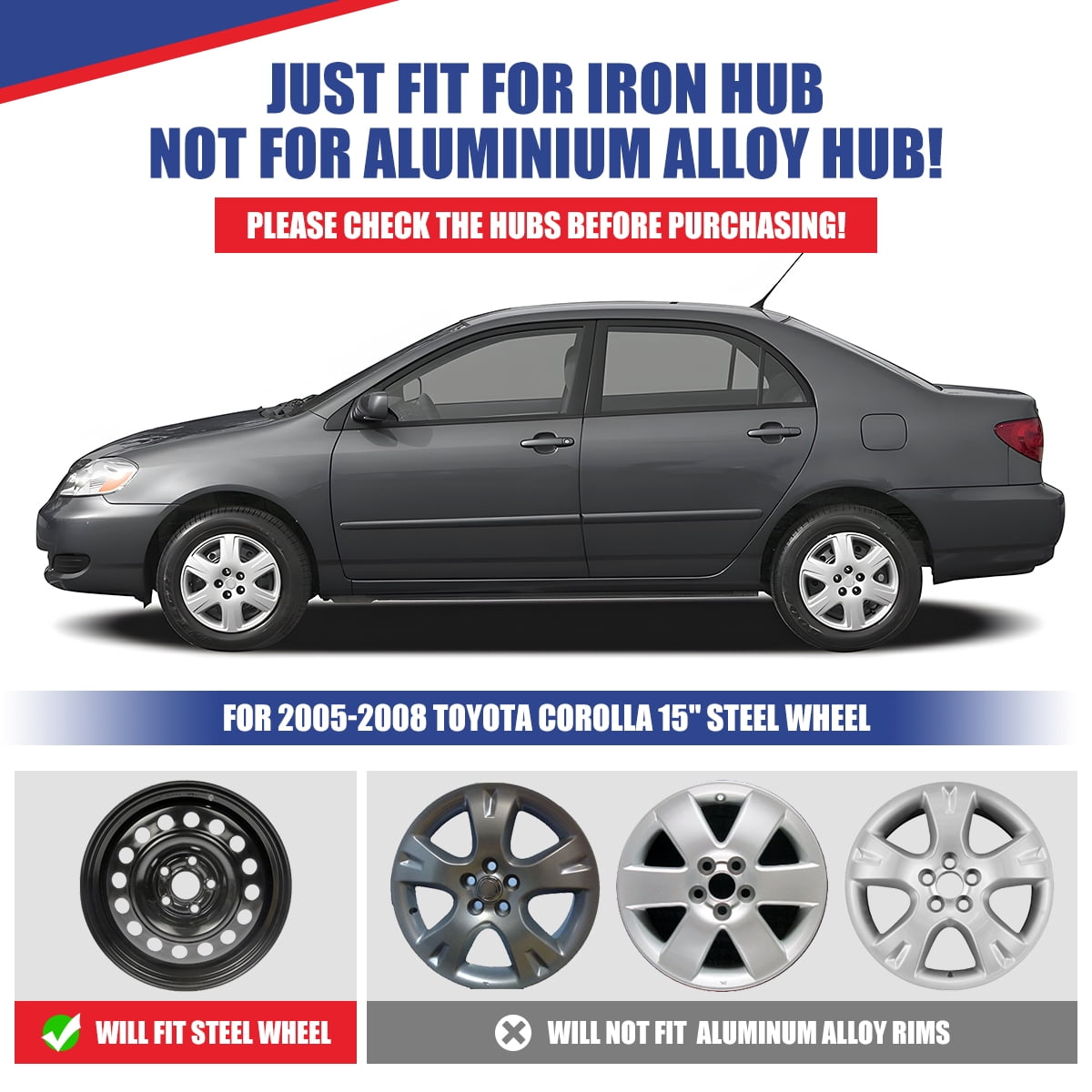 1 Pack 15" Hubcap Wheel Cover for 2005-2008 Toyota Corolla,Wheel Rim Cover,Compatible with Steel Wheels,Snap on Hub Caps Replacement,PP Material,Lacquer