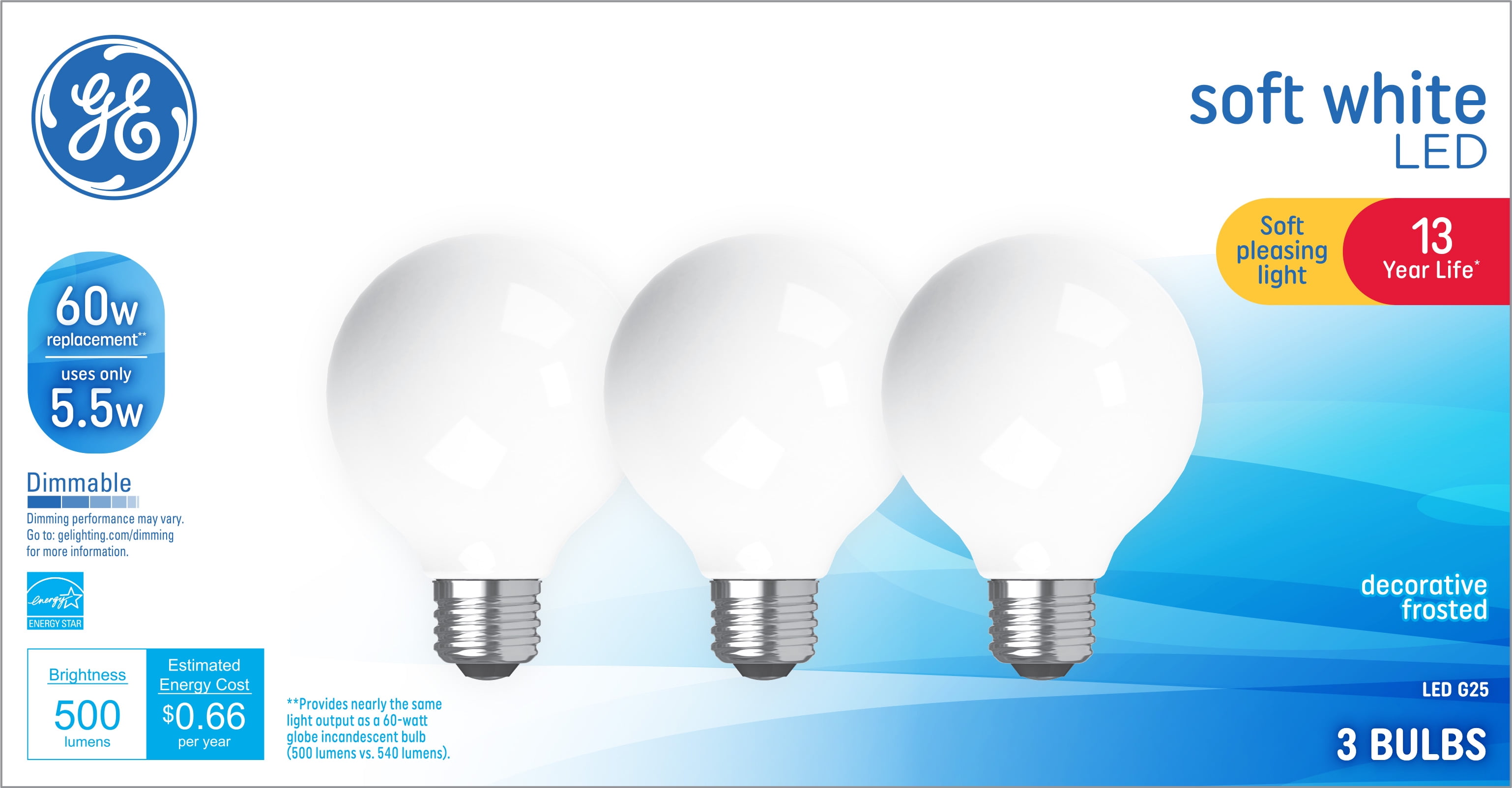 GE Soft White LED Globe Light Bulbs, 60 Watt Eqv, G25 Globe Bulbs, Medium Base, 13 year, 3pk