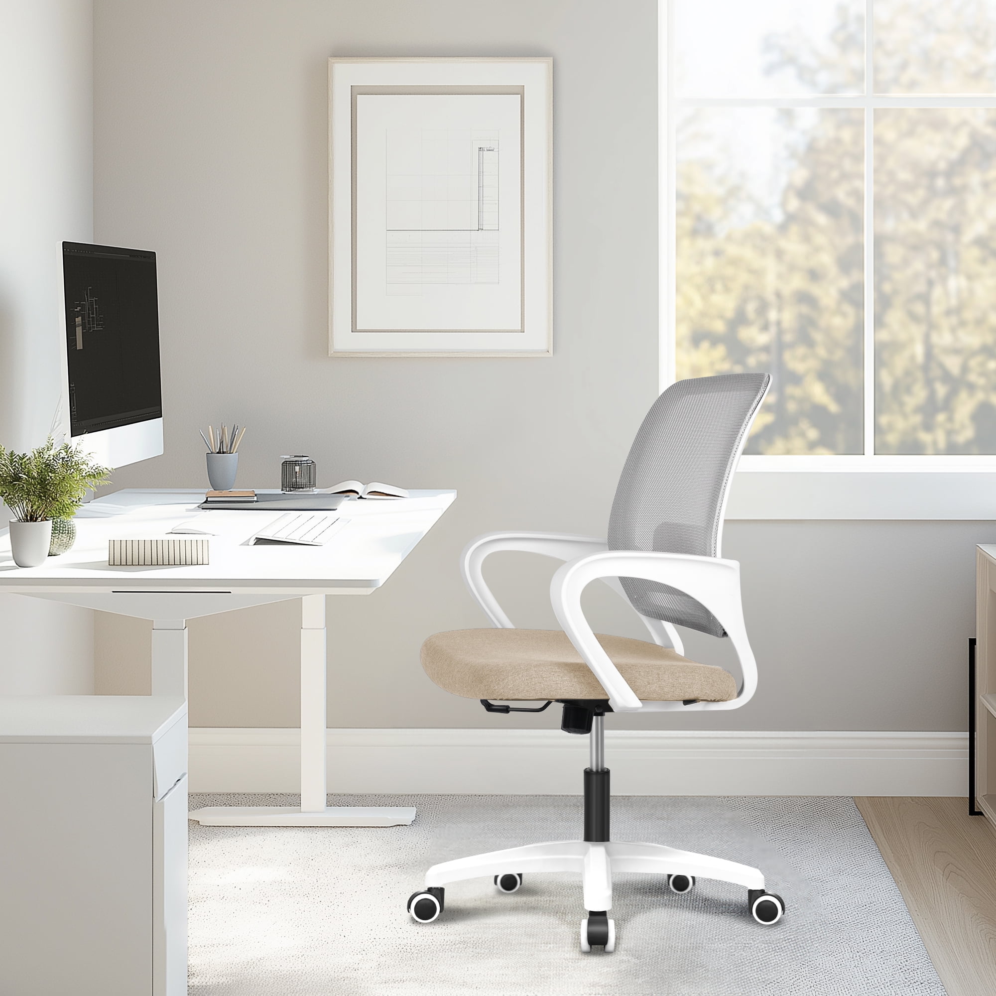 NEO Chair Office Desk Ergonomic Mesh Computer Chair with Lumbar Support Adjustable Height Swivel Rolling Wheels Comfy Mid Back Task Chair for Home Bedroom Vanity Study (Beige)