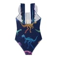 thumbnail image 2 of Girls Ruffle One Piece Swimsuit, Stretchy Fabric for Beach & Pool Activities Vividly Colored Dinosaur Bones, 2 of 8