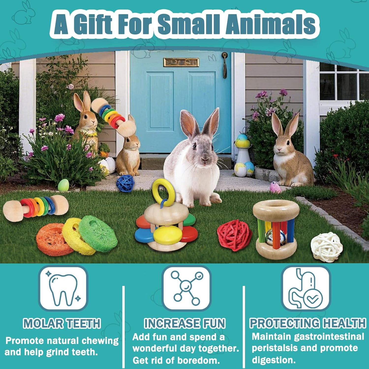 9PCS Wooden Bunny Toys,Safe Rabbit & Guinea Pigs Teeth Grinding Toy for Chinchillas, Hamsters & Small Animals - Indoor & Outdoor
