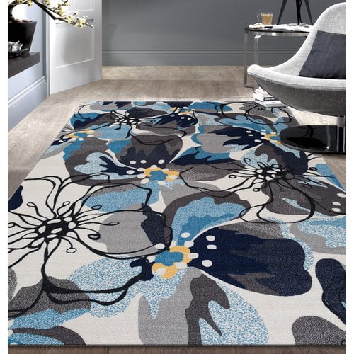 World Rug Gallery Modern Floral Grey/Blue Non-Slip Area Rug or Runner