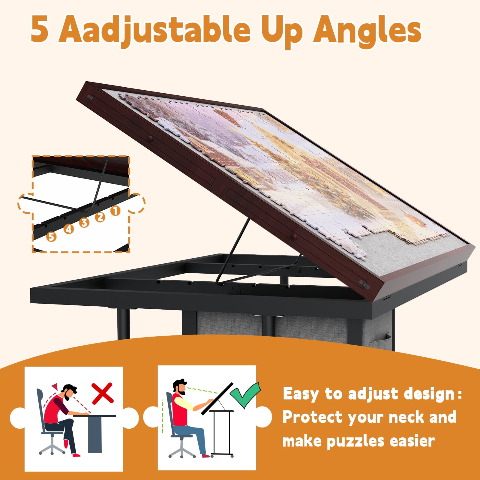 Jigsaw Puzzle Table for Adults with 6 Drawer and Legs, 1500 Pieces Puzzle Table with Protective Cover&Wheels, Adjustable Height and Five up Angles, Coffee&Gray