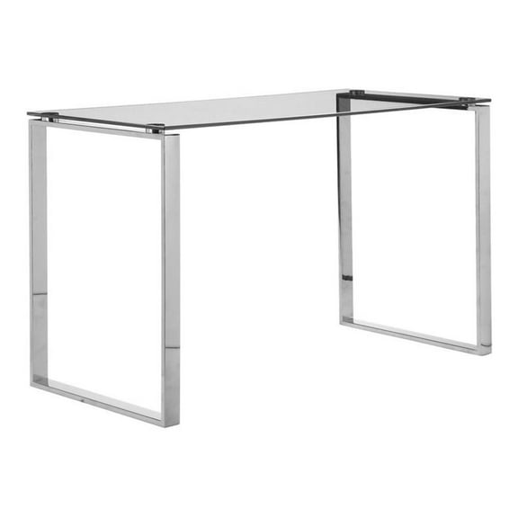 Pemberly Row Modern Polished Steel Metal & Tempered Glass Desk in Silver