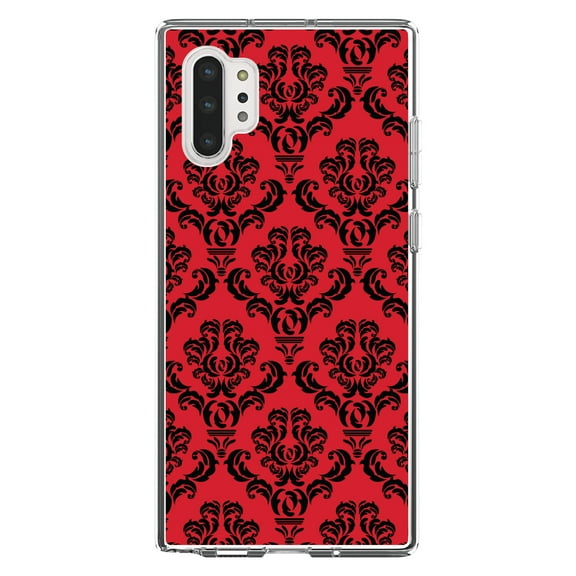 DistinctInk Clear Shockproof Hybrid Case for Galaxy Note 10 PLUS (6.8" Screen) - TPU Bumper, Acrylic Back, Tempered Glass Screen Protector - Red Black Damask Pattern - Floral Damask Pattern