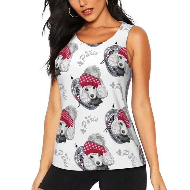 Balery Cute Poodle Dog Camiseta sin mangas estampada ligera para mujer, tops de entrenamiento sin mangas, camisetas de yoga transpirables de secado rápido.-XX-Large