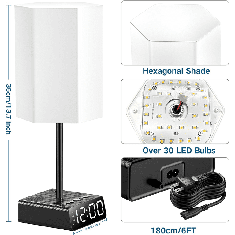 BTU All-in-One Table Lamp – 3-Way Dimmer, USB-C & AC Outlets, Alarm Clock With FM Radio & Speaker, Hexagonal Nightstand Lamp For Bedroom