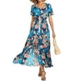 thumbnail image 7 of VintageClothing Women Boho Floral A Line Short Sleeve Maxi Dress Loose Vacation Beach Long Dress Blue M, 7 of 7