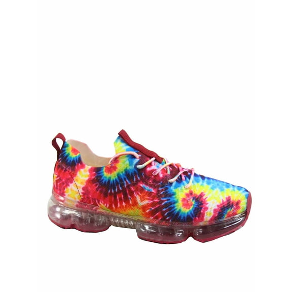 Flow-19 Stretch Elastic Mesh Lace Up Rubber Air Bubble Cushion Fashion Sneaker ( Red Tie Dye, 6.5 )