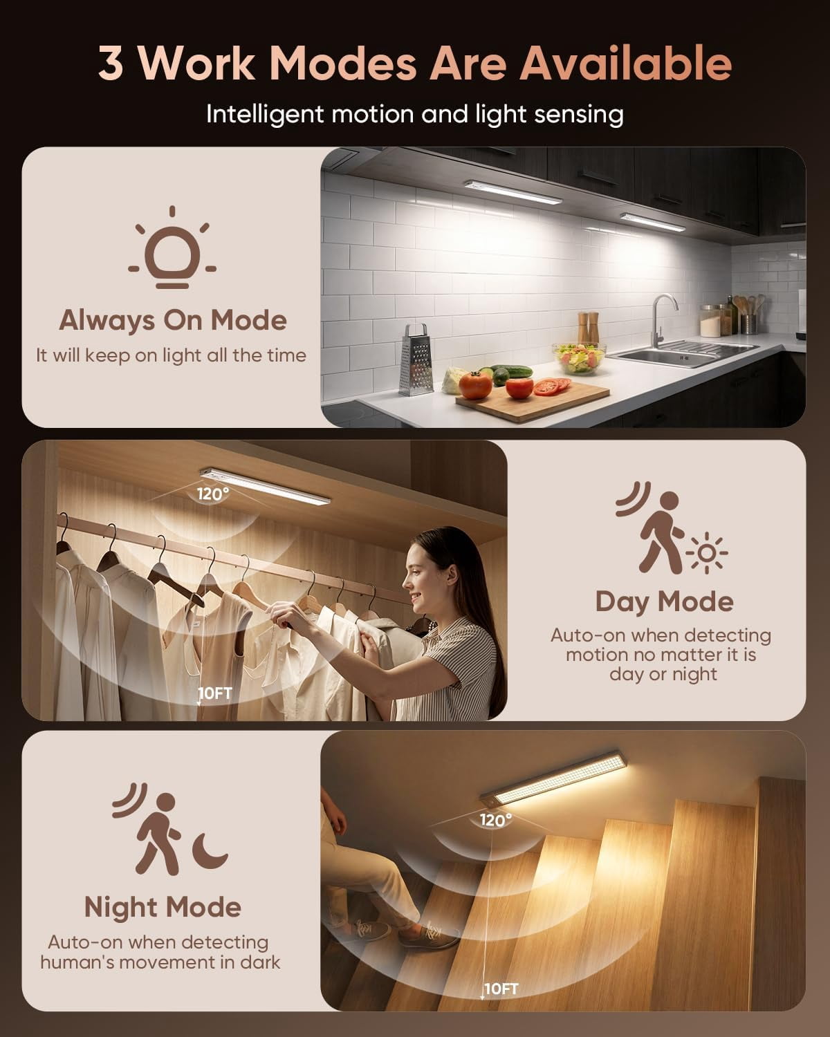 16inch Under Cabinet Lighting Wireless, 216LED Motion Sensor Light Indoor, USB Rechargeable Closet Lights, 3 Color Temps & Dimmable, Stick On Under Counter Lights for Kitchen, Pantry, Stairs