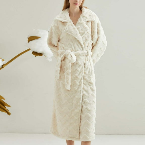 ylioge Flannel Robes for Women Men Thicken Fleece Long Sleeve Bathrobes Unisex Couples Casual Solid Thermal Warm Collar Loungewear Pajama Bath Robe