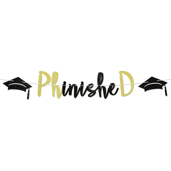 Phinished Banner - PHD Graduation Party Decor, Congrats PHD Banner, Congrats Doctor Graduation Party Decorations Black Gold Glitter