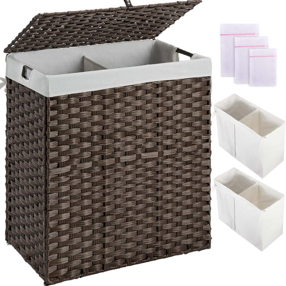 Laundry Hamper with lid, No Install Needed, 110L Wicker Laundry Baskets Foldable 2 Removable Liner Bags, 2 Section Clothes Hamper Handwoven Rattan Laundry Basket with Handles, Brown